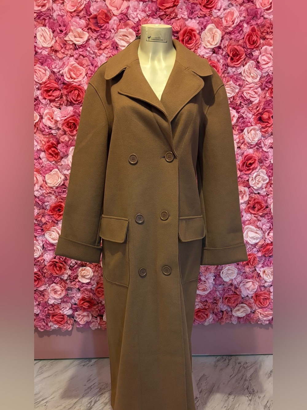 Max Studio Double-Breasted Long Trench Coat in Brown